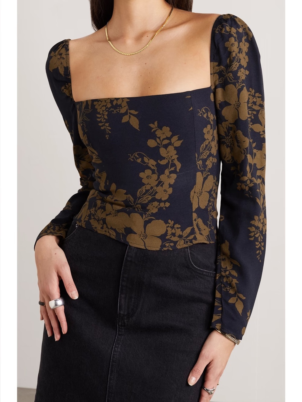 Reformation brown black Demi floral-print crepe de chine crop blouse top size 4